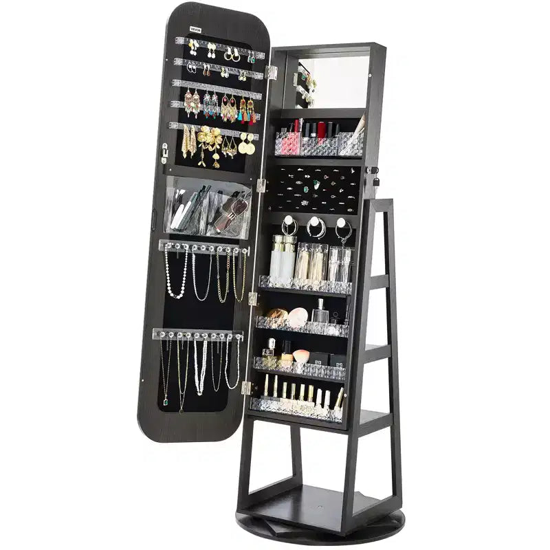  360 Swivel Jewelry Cabinet, 63-inch Tall, Full-Length Mirror with Storage, Standing Rotatable Jewelry Armoire Organizer,with 2 Keys, Black