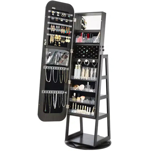  360 Swivel Jewelry Cabinet, 63-inch Tall, Full-Length Mirror with Storage, Standing Rotatable Jewelry Armoire Organizer,with 2 Keys, Black