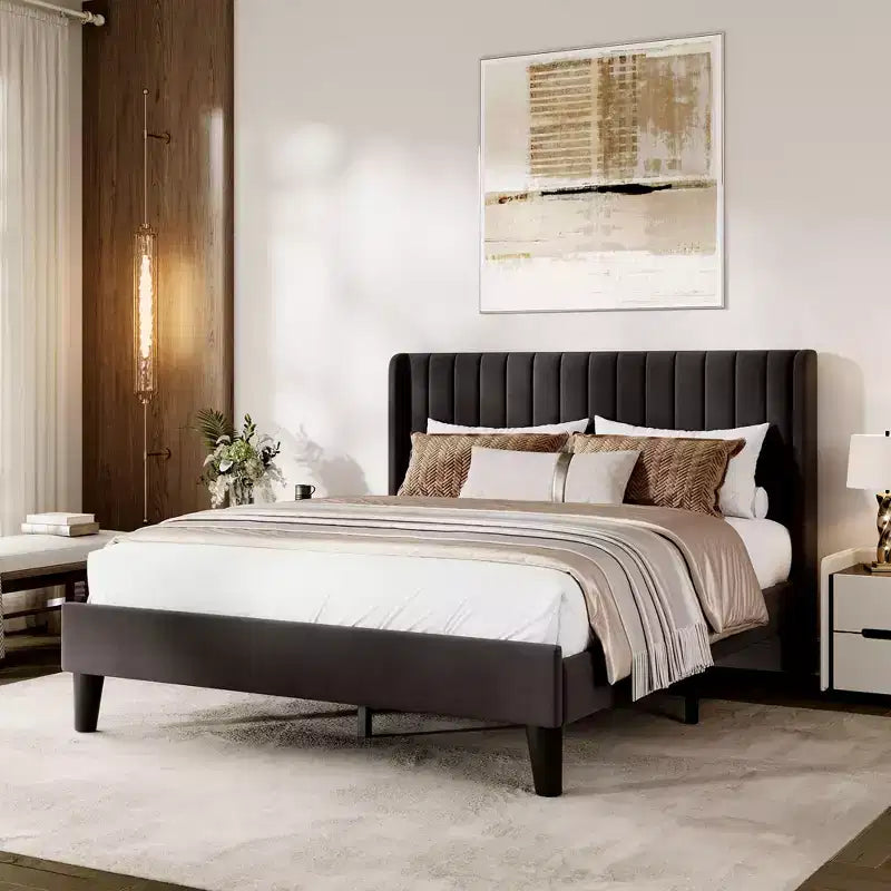  Queen Size Velvet Upholstered Platform Bed Frame, Channel Tufted Wingback Headboard, Wood Slats, No Box Spring, Easy Assembly, Black