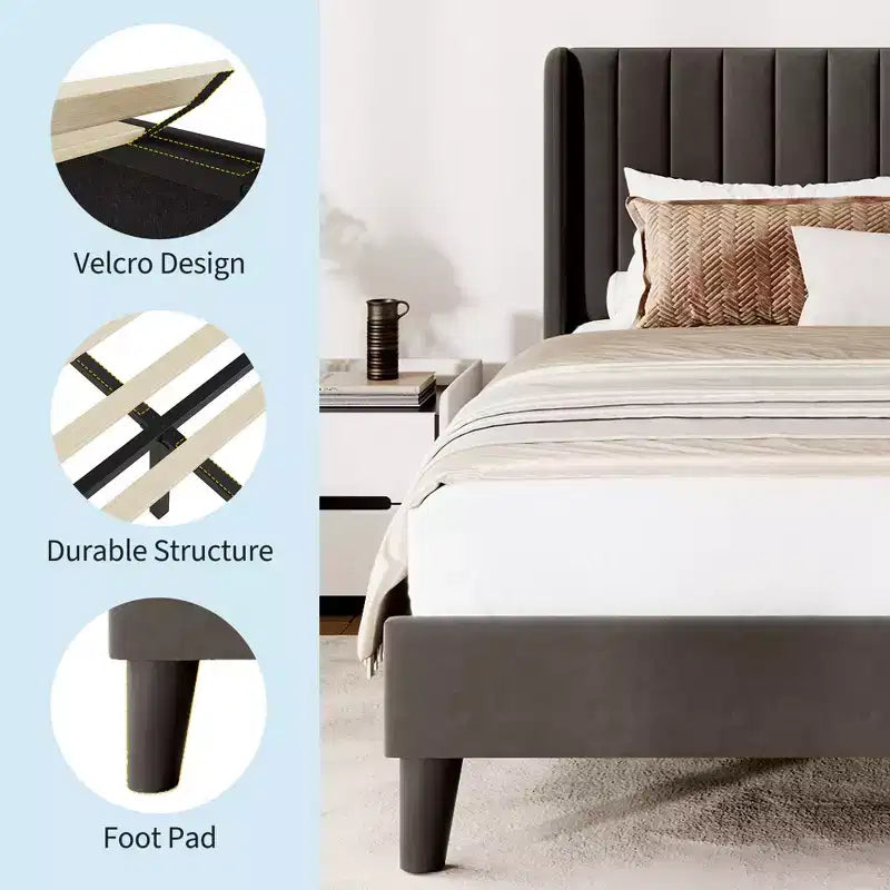 Struttura letto imbottita in velluto Queen Size, testiera alettata con motivo a canale, doghe in legno, senza bisogno di rete, facile da montare, nero