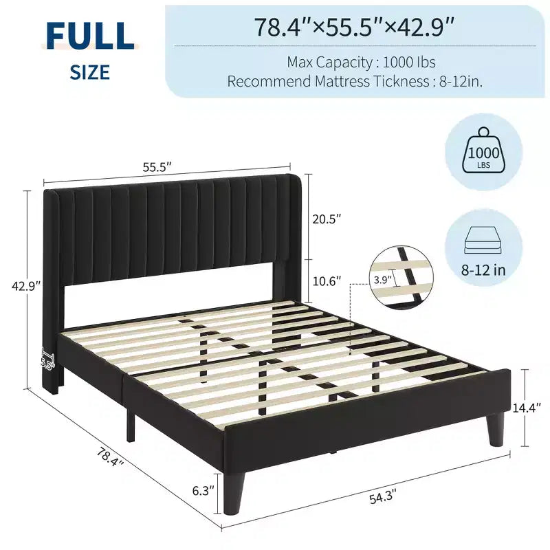 Struttura letto imbottita in velluto Queen Size, testiera alettata con motivo a canale, doghe in legno, senza bisogno di rete, facile da montare, nero