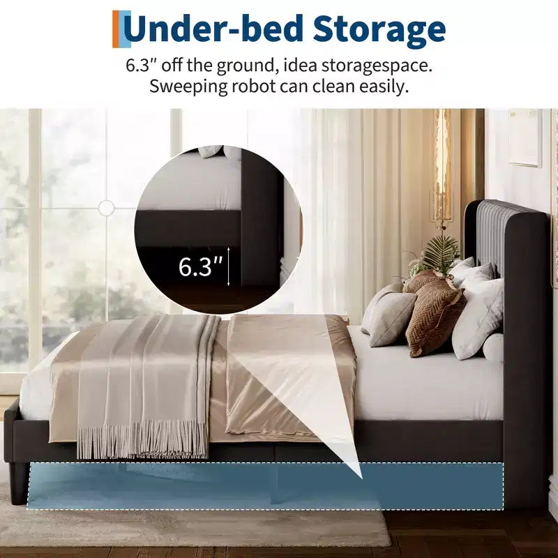 Struttura letto imbottita in velluto Queen Size, testiera alettata con motivo a canale, doghe in legno, senza bisogno di rete, facile da montare, nero