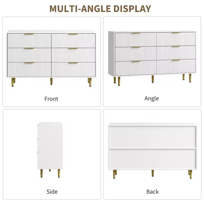 Cassettiera moderna a 6 cassetti nera con scanalature, comò ampio in legno con maniglie e gambe in metallo dorato, grande organizer per camera da letto, soggiorno e ingresso