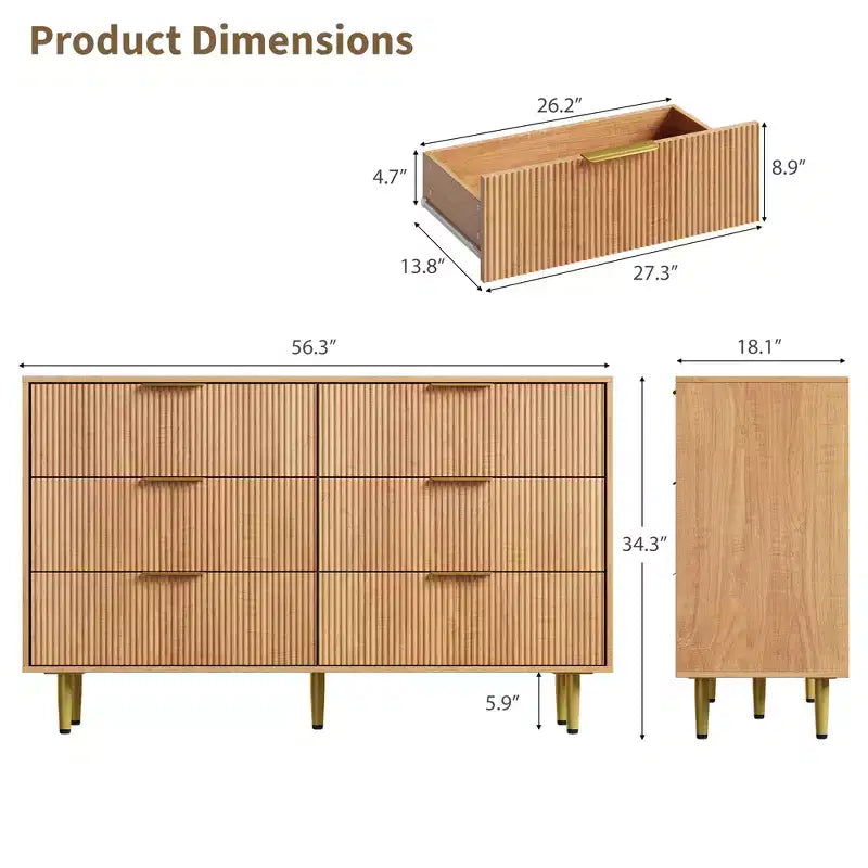Cassettiera moderna a 6 cassetti nera con scanalature, comò ampio in legno con maniglie e gambe in metallo dorato, grande organizer per camera da letto, soggiorno e ingresso