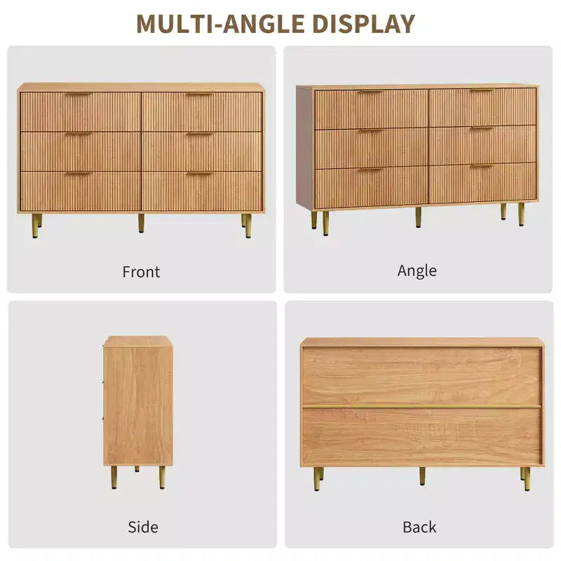 Cassettiera moderna a 6 cassetti nera con scanalature, comò ampio in legno con maniglie e gambe in metallo dorato, grande organizer per camera da letto, soggiorno e ingresso