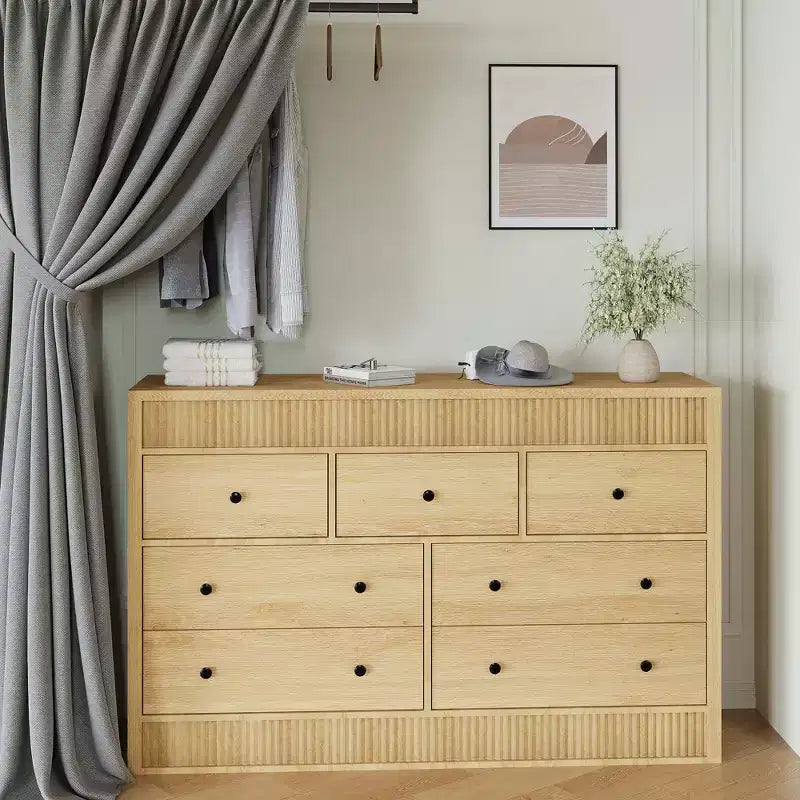 Cassettiera in legno a 7 cassetti, 137 cm, con scanalature, organizer contenitore per camera da letto, soggiorno, corridoio e ingresso