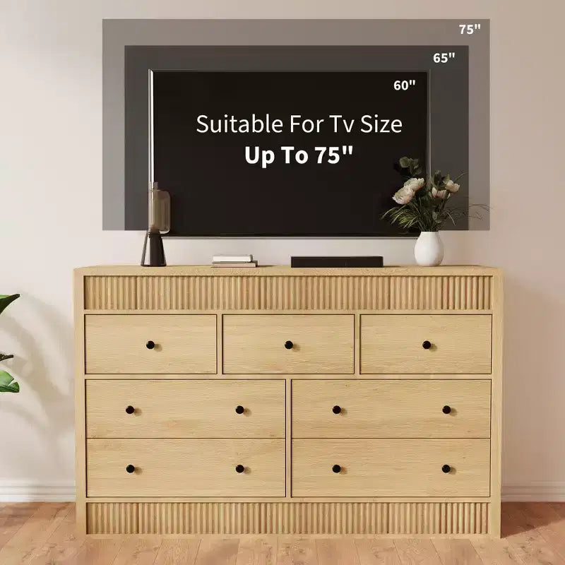 Cassettiera in legno a 7 cassetti, 137 cm, con scanalature, organizer contenitore per camera da letto, soggiorno, corridoio e ingresso