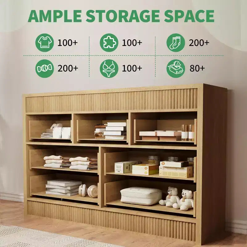 Cassettiera in legno a 7 cassetti, 137 cm, con scanalature, organizer contenitore per camera da letto, soggiorno, corridoio e ingresso