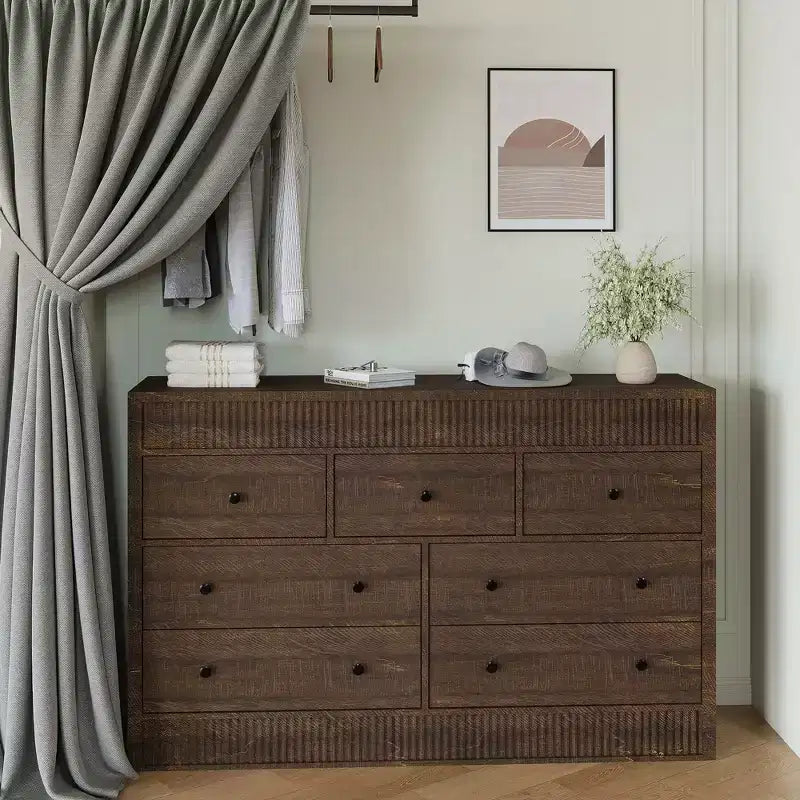 Cassettiera in legno a 7 cassetti, 137 cm, con scanalature, organizer contenitore per camera da letto, soggiorno, corridoio e ingresso