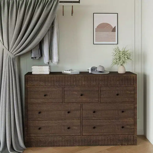 Cassettiera in legno a 7 cassetti, 137 cm, con scanalature, organizer contenitore per camera da letto, soggiorno, corridoio e ingresso
