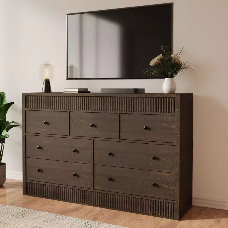 Cassettiera in legno a 7 cassetti, 137 cm, con scanalature, organizer contenitore per camera da letto, soggiorno, corridoio e ingresso