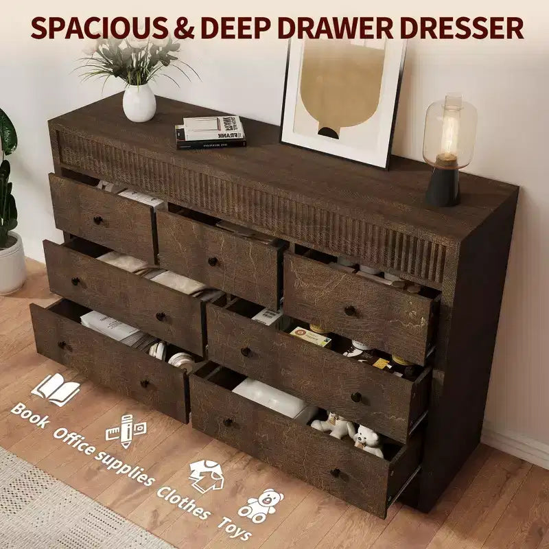 Cassettiera in legno a 7 cassetti, 137 cm, con scanalature, organizer contenitore per camera da letto, soggiorno, corridoio e ingresso