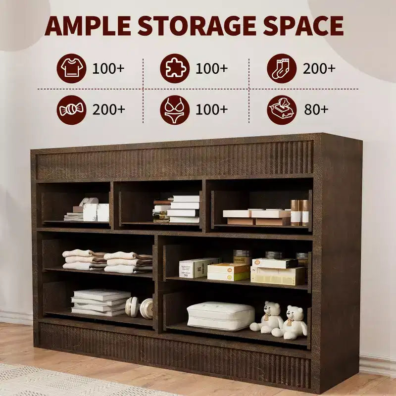 Cassettiera in legno a 7 cassetti, 137 cm, con scanalature, organizer contenitore per camera da letto, soggiorno, corridoio e ingresso