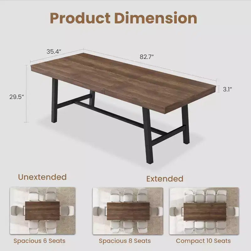Tavolo da Pranzo Estensibile da 63-83", Tavolo Rettangolare Industriale per 6-8 Persone, Tavolo da Cucina Rustico Marrone Allungabile con Robusta Struttura in Metallo