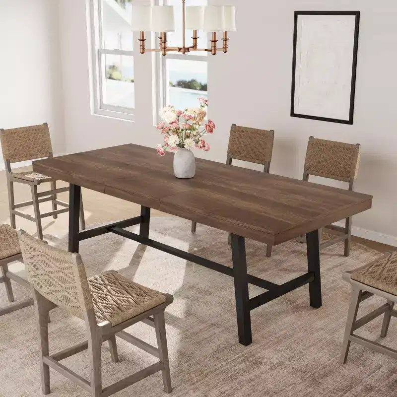 Tavolo da Pranzo Estensibile da 63-83", Tavolo Rettangolare Industriale per 6-8 Persone, Tavolo da Cucina Rustico Marrone Allungabile con Robusta Struttura in Metallo
