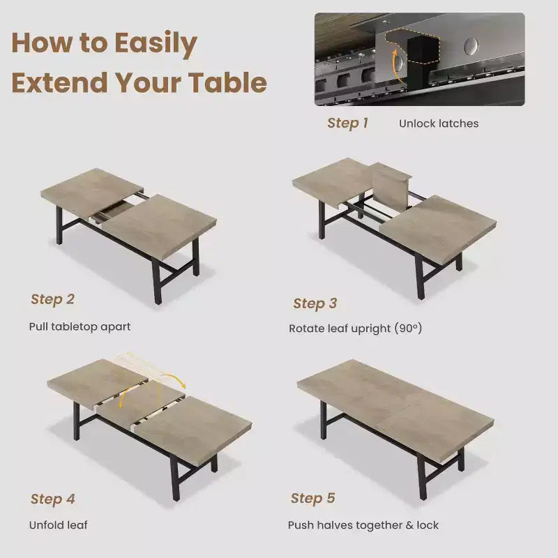 Tavolo da Pranzo Estensibile da 63-83", Tavolo Rettangolare Industriale per 6-8 Persone, Tavolo da Cucina Rustico Marrone Allungabile con Robusta Struttura in Metallo