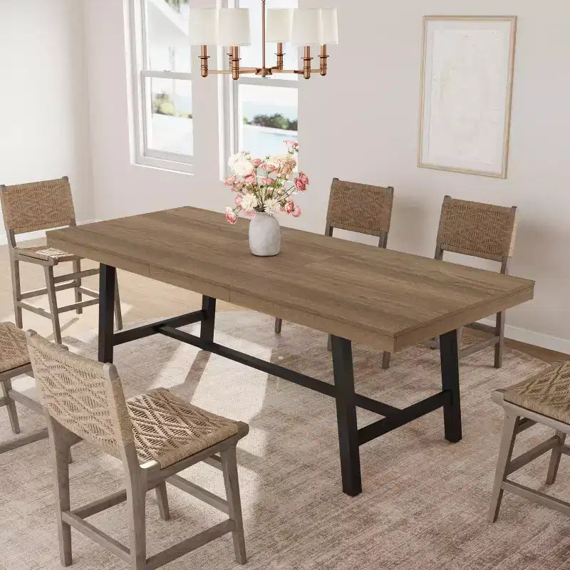 Tavolo da Pranzo Estensibile da 63-83", Tavolo Rettangolare Industriale per 6-8 Persone, Tavolo da Cucina Rustico Marrone Allungabile con Robusta Struttura in Metallo
