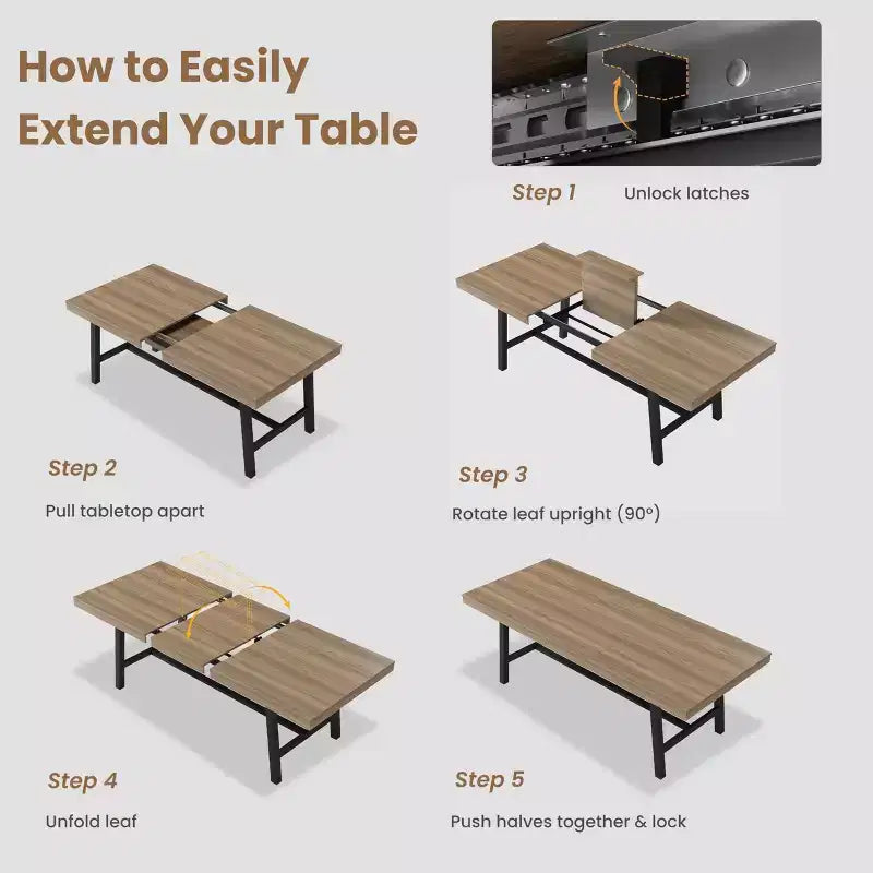 Tavolo da Pranzo Estensibile da 63-83", Tavolo Rettangolare Industriale per 6-8 Persone, Tavolo da Cucina Rustico Marrone Allungabile con Robusta Struttura in Metallo