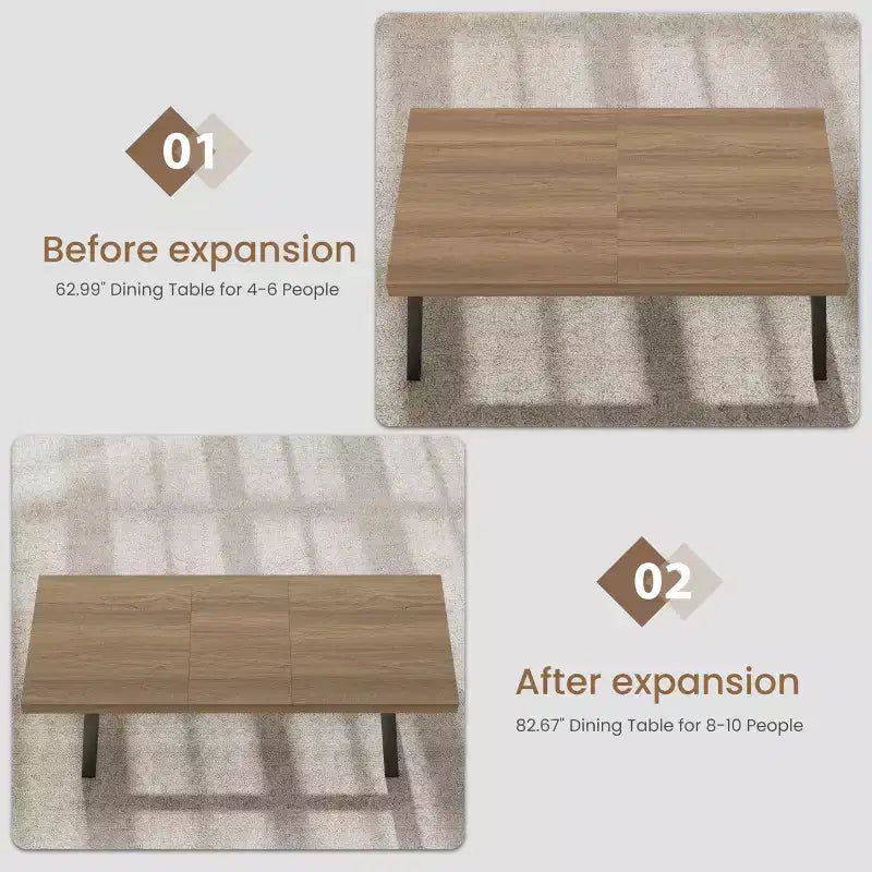 Tavolo da Pranzo Estensibile da 63-83", Tavolo Rettangolare Industriale per 6-8 Persone, Tavolo da Cucina Rustico Marrone Allungabile con Robusta Struttura in Metallo