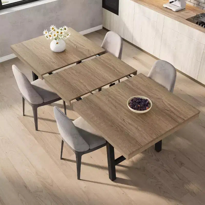 Tavolo da Pranzo Estensibile da 63-83", Tavolo Rettangolare Industriale per 6-8 Persone, Tavolo da Cucina Rustico Marrone Allungabile con Robusta Struttura in Metallo