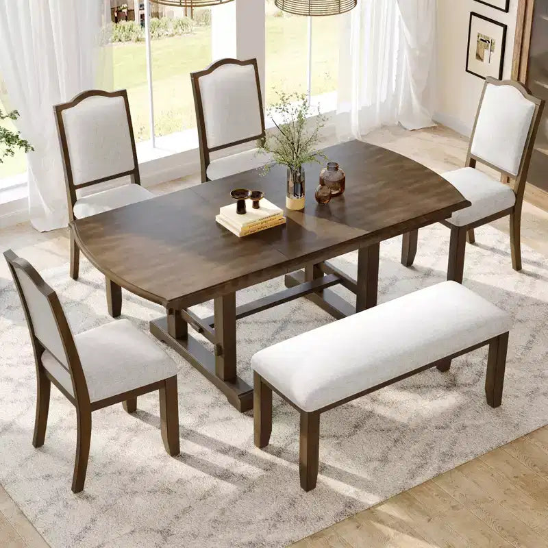   6-Piece Dining Table Set, 60-78 Extendable Wood Dining Table with Removable Leaf