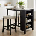   Transitional High Gloss Wood 3-Piece Dining Set with Storage Shelves and USB Ports, Boucle Upholstered Stools