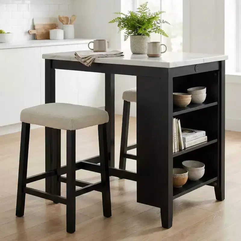   Transitional High Gloss Wood 3-Piece Dining Set with Storage Shelves and USB Ports, Boucle Upholstered Stools