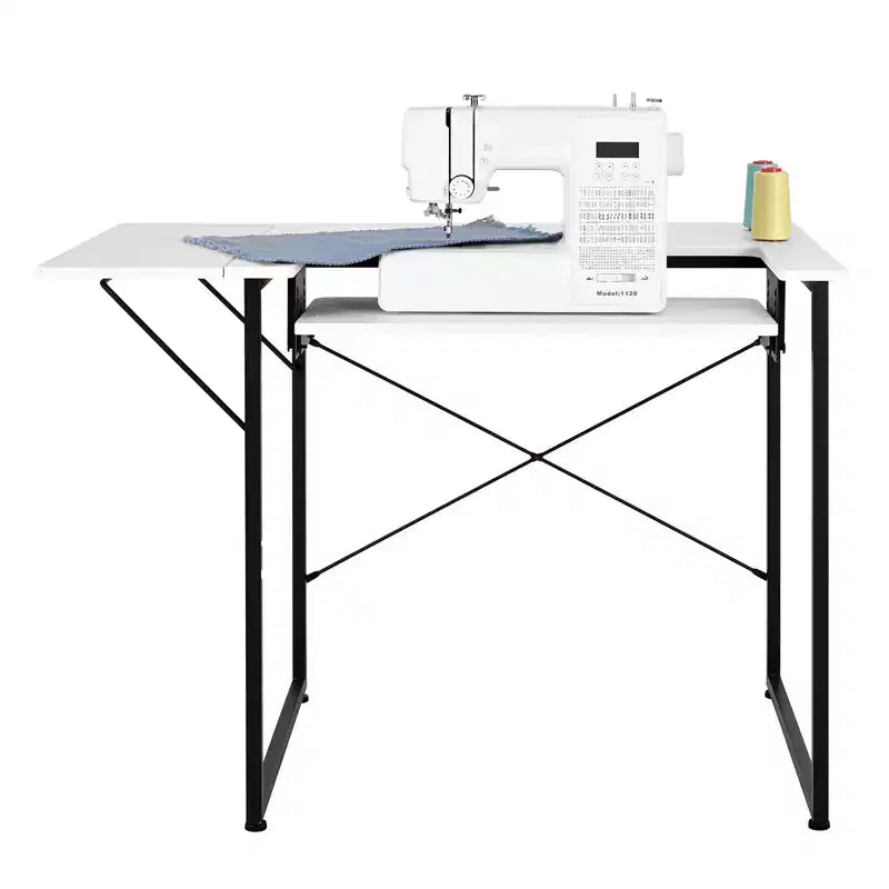  Sewing Table, Multipurpose Sewing Machine Table with Foldable Side Shelf, Adjustable Shelf, Steel Legs, White