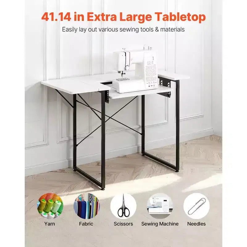 Tavolo da cucito, tavolo multifunzione per macchina da cucire con ripiano laterale pieghevole, ripiano regolabile, gambe in acciaio, bianco