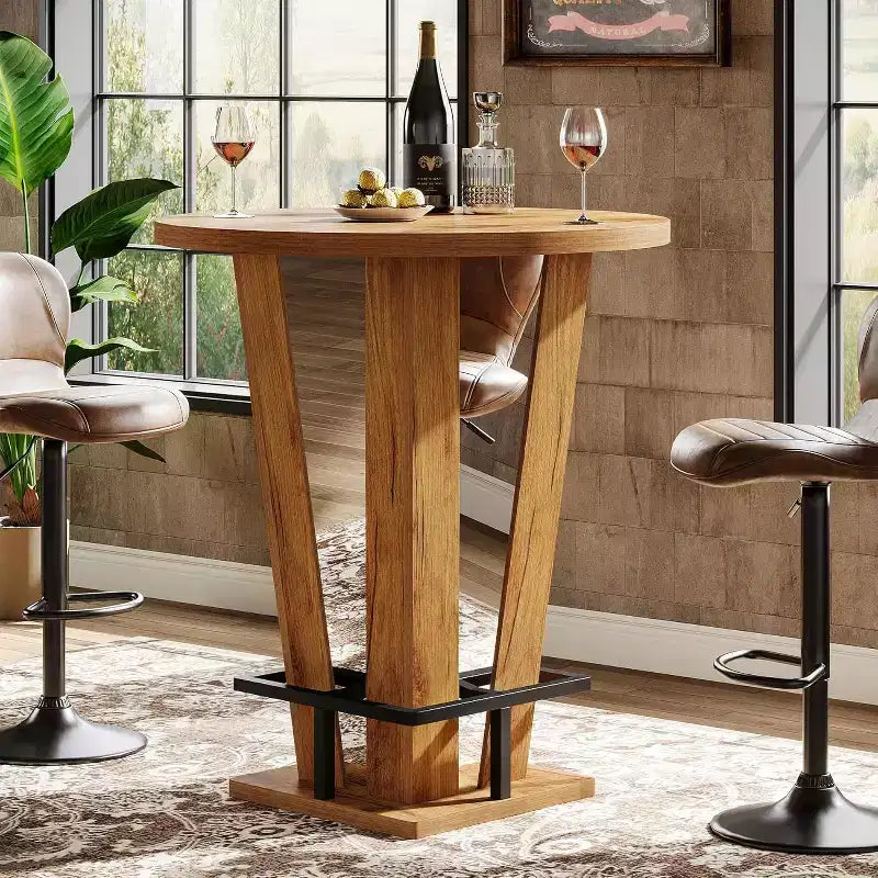  Round Bar Table, 39.4 H High Top Cocktail Bistro Pub Table with Metal Footrest for Living Room, Small Space (Only Table) (Brown)