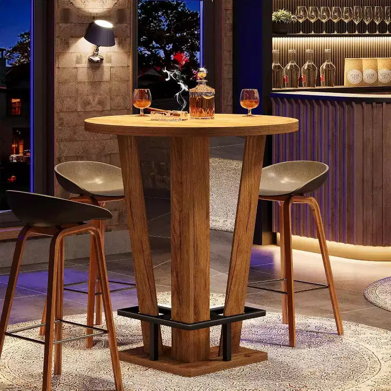 Tavolo Rotondo da Bar, Tavolo Alto da Cocktail Bistro Pub Alto 100 cm con Poggiapiedi in Metallo per Soggiorno, Piccolo Spazio (Solo Tavolo) (Marrone)