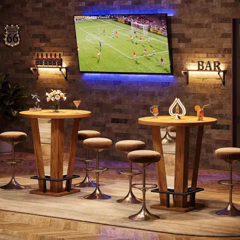 Tavolo Rotondo da Bar, Tavolo Alto da Cocktail Bistro Pub Alto 100 cm con Poggiapiedi in Metallo per Soggiorno, Piccolo Spazio (Solo Tavolo) (Marrone)