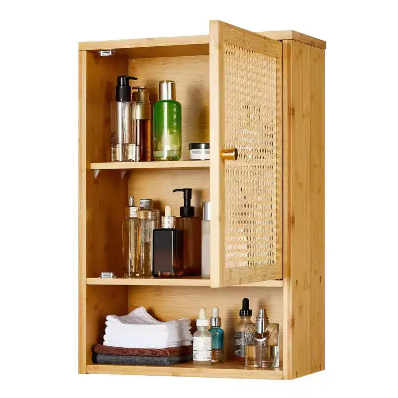 Mobile bagno in bambù da parete con ante in rattan, pensile sopra il WC con ripiano regolabile, salvaspazio per lavanderia