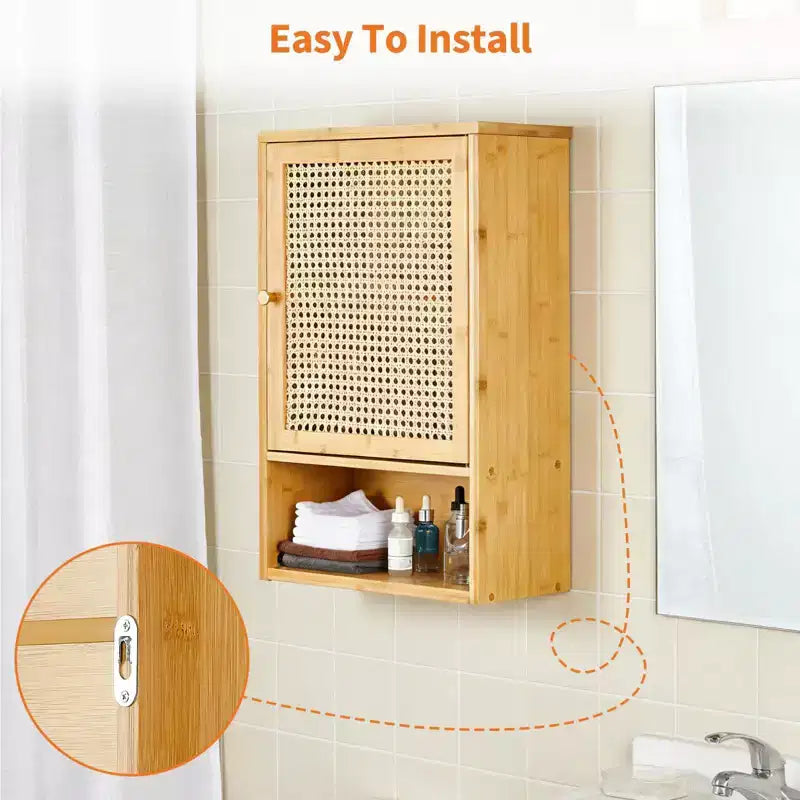 Mobile bagno in bambù da parete con ante in rattan, pensile sopra il WC con ripiano regolabile, salvaspazio per lavanderia