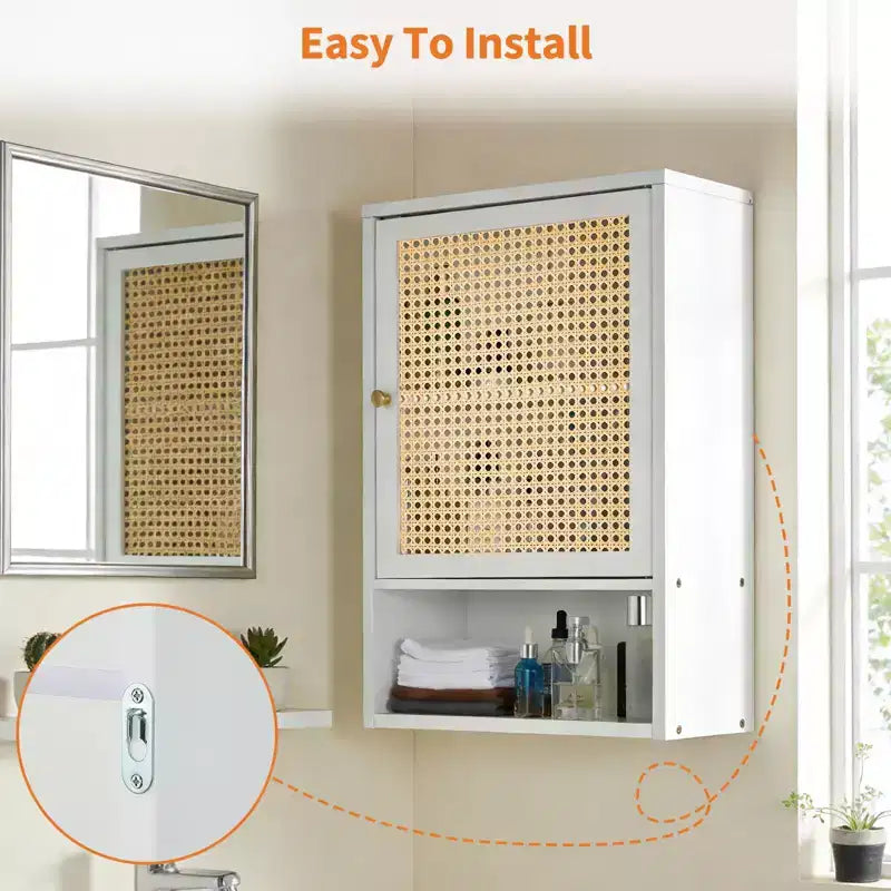 Mobile bagno in bambù da parete con ante in rattan, pensile sopra il WC con ripiano regolabile, salvaspazio per lavanderia