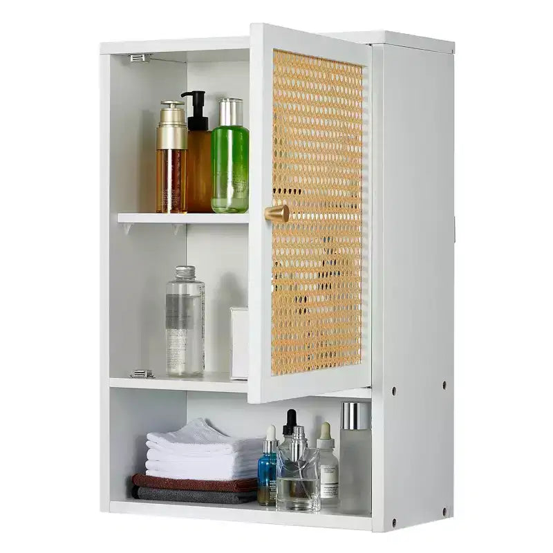 Mobile bagno in bambù da parete con ante in rattan, pensile sopra il WC con ripiano regolabile, salvaspazio per lavanderia