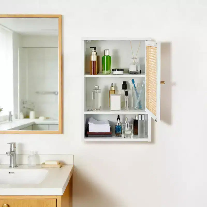 Mobile bagno in bambù da parete con ante in rattan, pensile sopra il WC con ripiano regolabile, salvaspazio per lavanderia