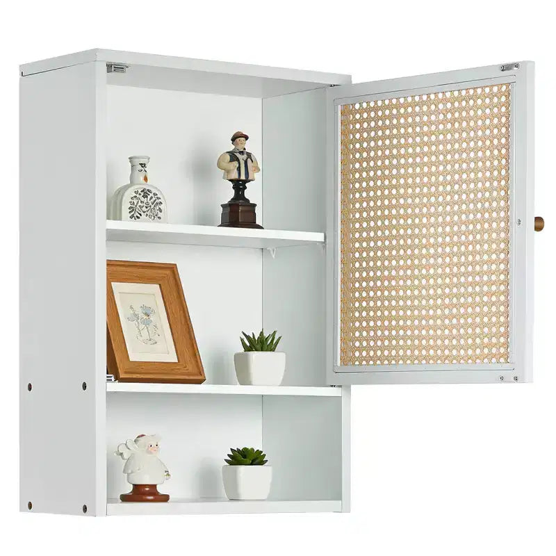 Mobile bagno in bambù da parete con ante in rattan, pensile sopra il WC con ripiano regolabile, salvaspazio per lavanderia