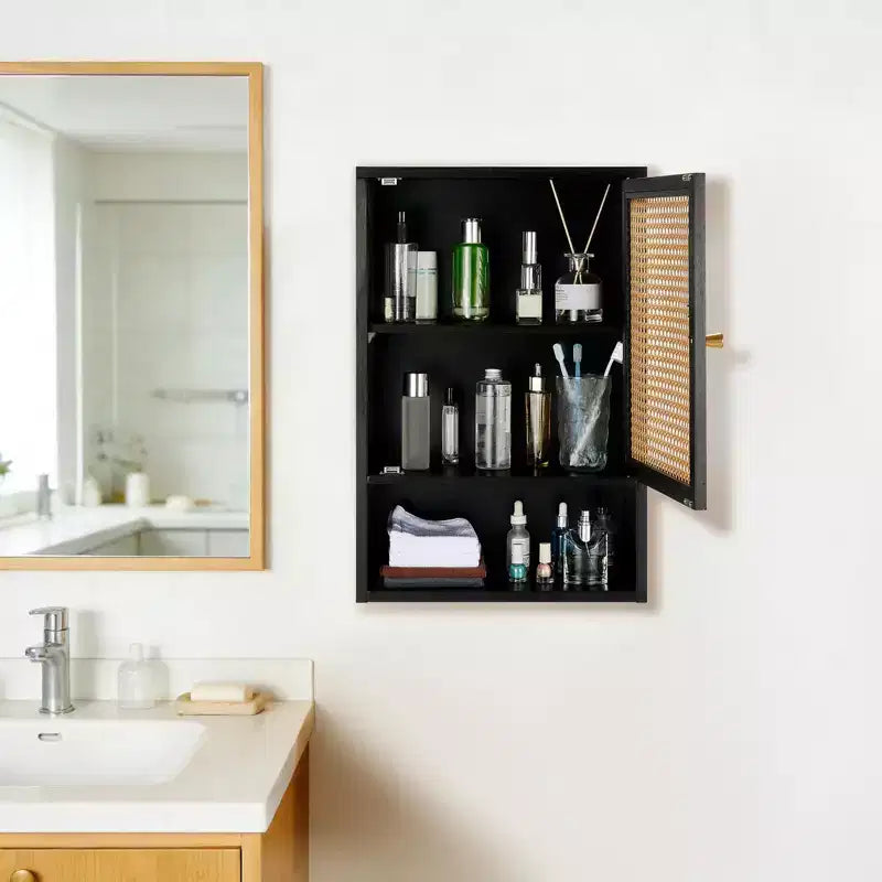 Mobile bagno in bambù da parete con ante in rattan, pensile sopra il WC con ripiano regolabile, salvaspazio per lavanderia