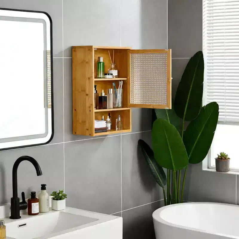 Mobile bagno in bambù da parete con ante in rattan, pensile sopra il WC con ripiano regolabile, salvaspazio per lavanderia