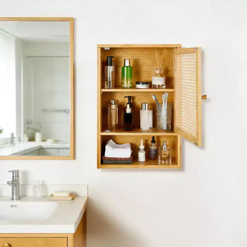 Mobile bagno in bambù da parete con ante in rattan, pensile sopra il WC con ripiano regolabile, salvaspazio per lavanderia