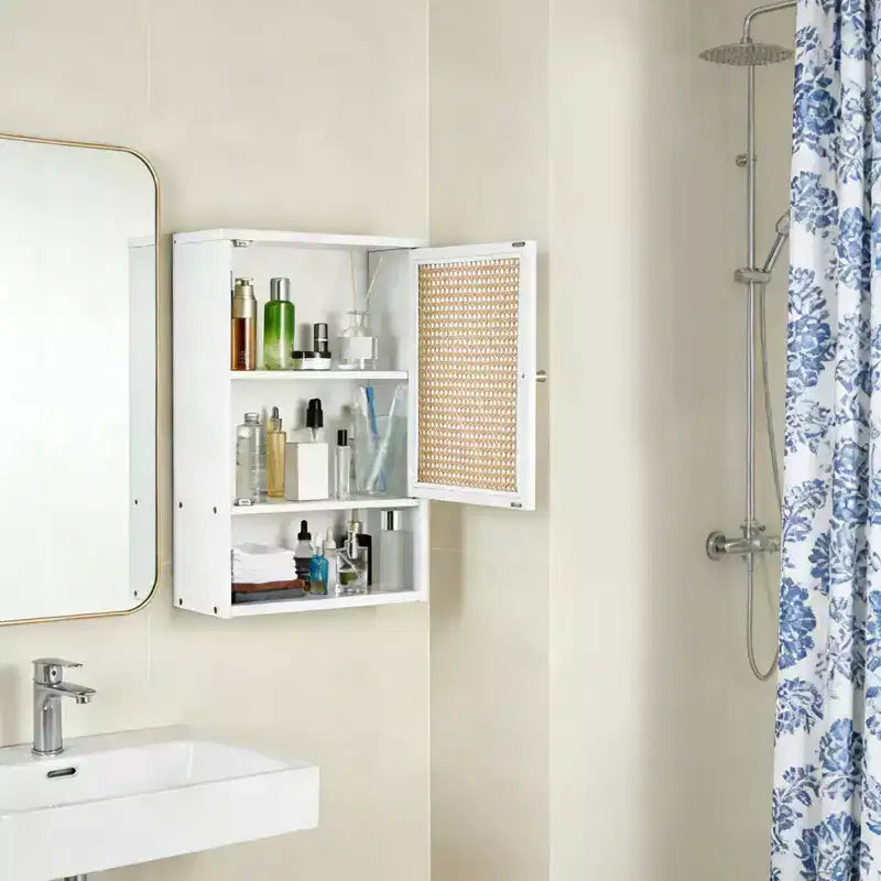 Mobile bagno in bambù da parete con ante in rattan, pensile sopra il WC con ripiano regolabile, salvaspazio per lavanderia