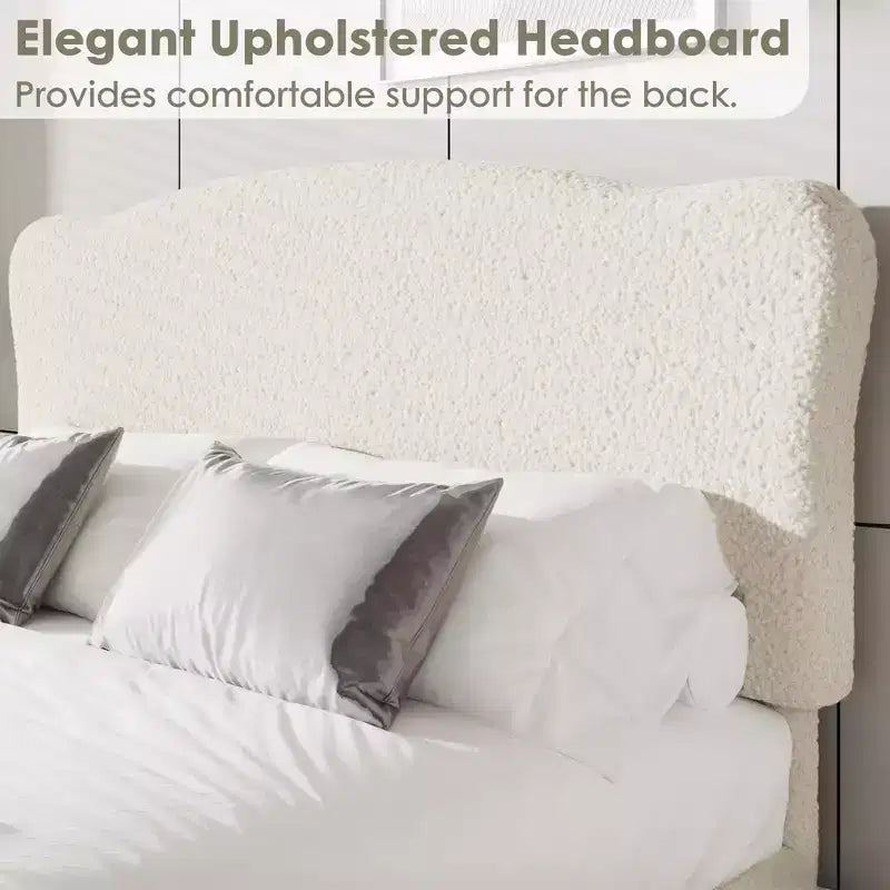 Letto Imbottito con Struttura a Piattaforma per Bambini - Simpatica Testiera Morbida o in Bouclé - Robusti Supporti a Doghe in Legno - Silenzioso, Nessun Box Spring Necessario