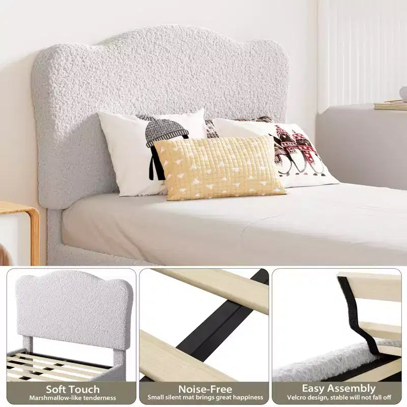 Letto Imbottito con Struttura a Piattaforma per Bambini - Simpatica Testiera Morbida o in Bouclé - Robusti Supporti a Doghe in Legno - Silenzioso, Nessun Box Spring Necessario