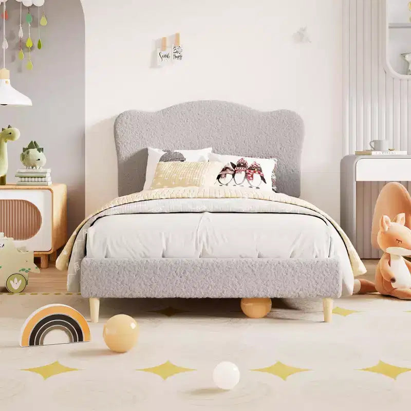 Letto Imbottito con Struttura a Piattaforma per Bambini - Simpatica Testiera Morbida o in Bouclé - Robusti Supporti a Doghe in Legno - Silenzioso, Nessun Box Spring Necessario
