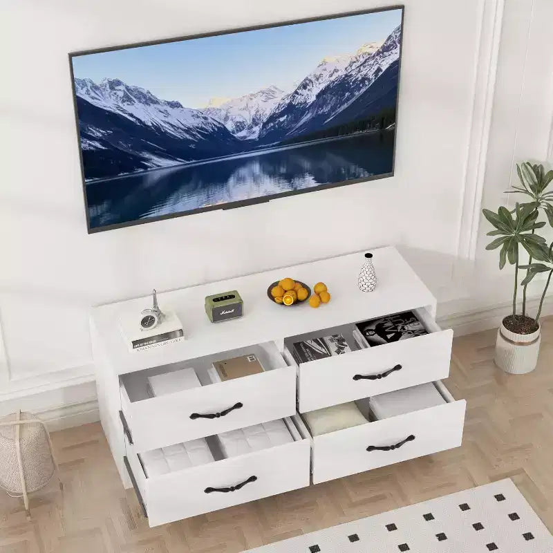 Mobile TV moderno con supporto per TV da 32-75 pollici, Tavolino consolle multimediale con 4 ampi cassetti, Credenza porta TV per soggiorno
