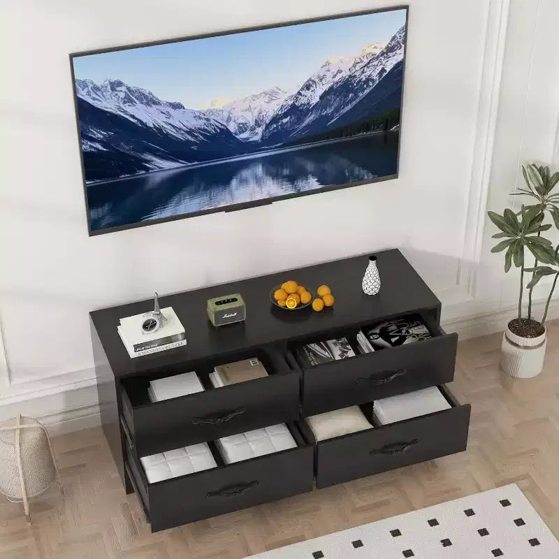 Mobile TV moderno con supporto per TV da 32-75 pollici, Tavolino consolle multimediale con 4 ampi cassetti, Credenza porta TV per soggiorno