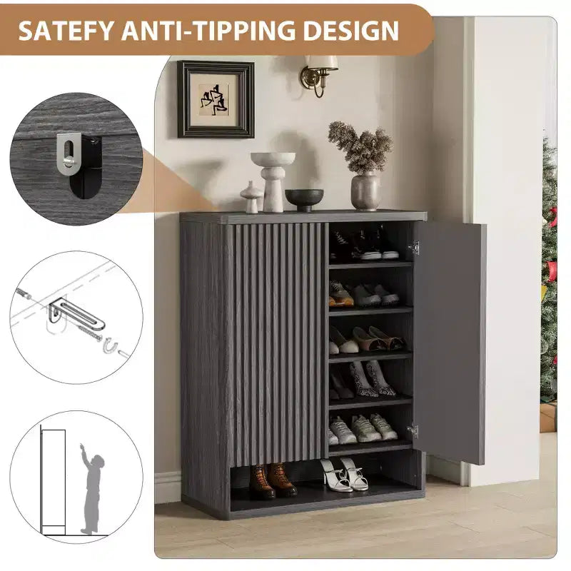 Scarpiera Moderna in Legno da 80 cm con Ripiani Regolabili, Ante Scanalate, Grande Organizzatore di Scarpe per Ingresso, Contiene 25-30 Paia, per Corridoio o Soggiorno