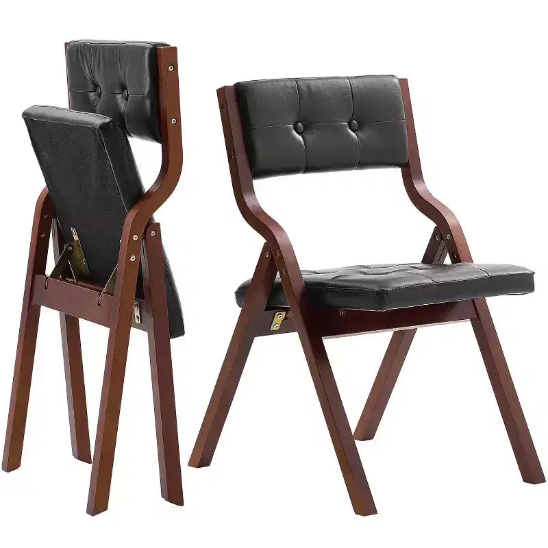  Wooden Folding Chairs with Leather Cushion, Set of 2, Portable Foldable Cushion Chair with Wooden Frame, Easy Assembly, Black