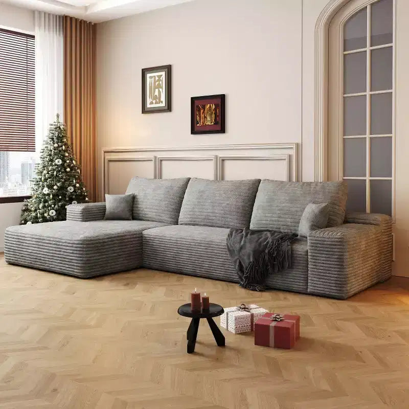 Divano componibile a L moderno 107 con chaise longue, divano modulare con seduta profonda per soggiorno, camera da letto, salotto